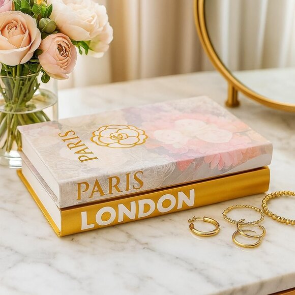 Set 2 Decorative Books for Home Modern Gold Hardcover Stack Coffee Table Decor - Picture 5 of 6